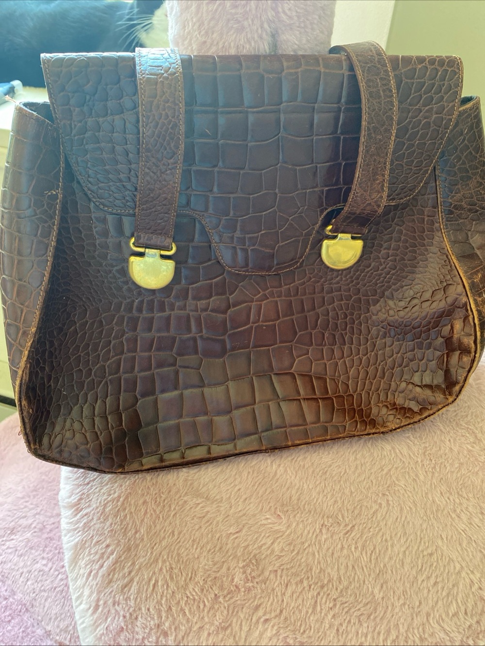 Furla Brown Croc-Embossed Satchel with Gold Hardware